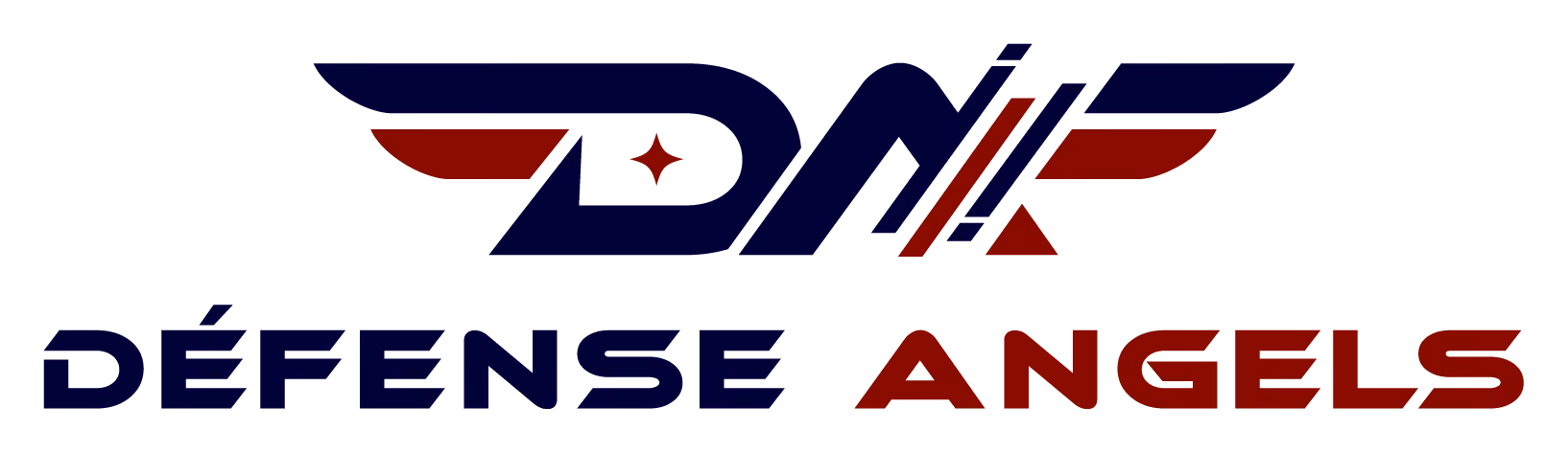 Logo with stylized letters DNX and text Défense Angels in navy blue and dark red.
