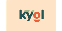 Logo with the word 'kyol' in lowercase letters, green and orange colors on beige background.