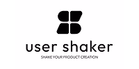 User Shaker logo with stylized black shapes and text 'User shaker' and 'Shake your product creation'.