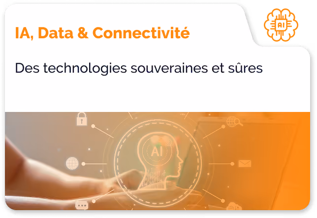 Illustration d'une main sur un clavier d'ordinateur avec une infographie représentant l'intelligence artificielle sous forme d'un profil de tête humaine entouré d'icônes de connectivité, sécurité et données, avec le texte en français 'IA, Data & Connectivité - Des technologies souveraines et sûres'.