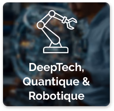 Icône blanche d'un bras robotique sur fond flou d'un laboratoire technologique, avec le texte "DeepTech, Quantique & Robotique" en dessous.