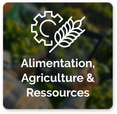 Icône blanche représentant un engrenage et une oreille de blé, avec le texte « Alimentation, Agriculture & Ressources » sur un fond flou de plantes.