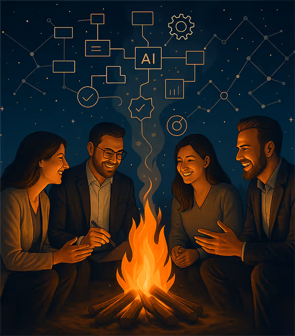Four people sitting around a bonfire at night, smiling and discussing AI concepts represented by glowing icons above the fire.