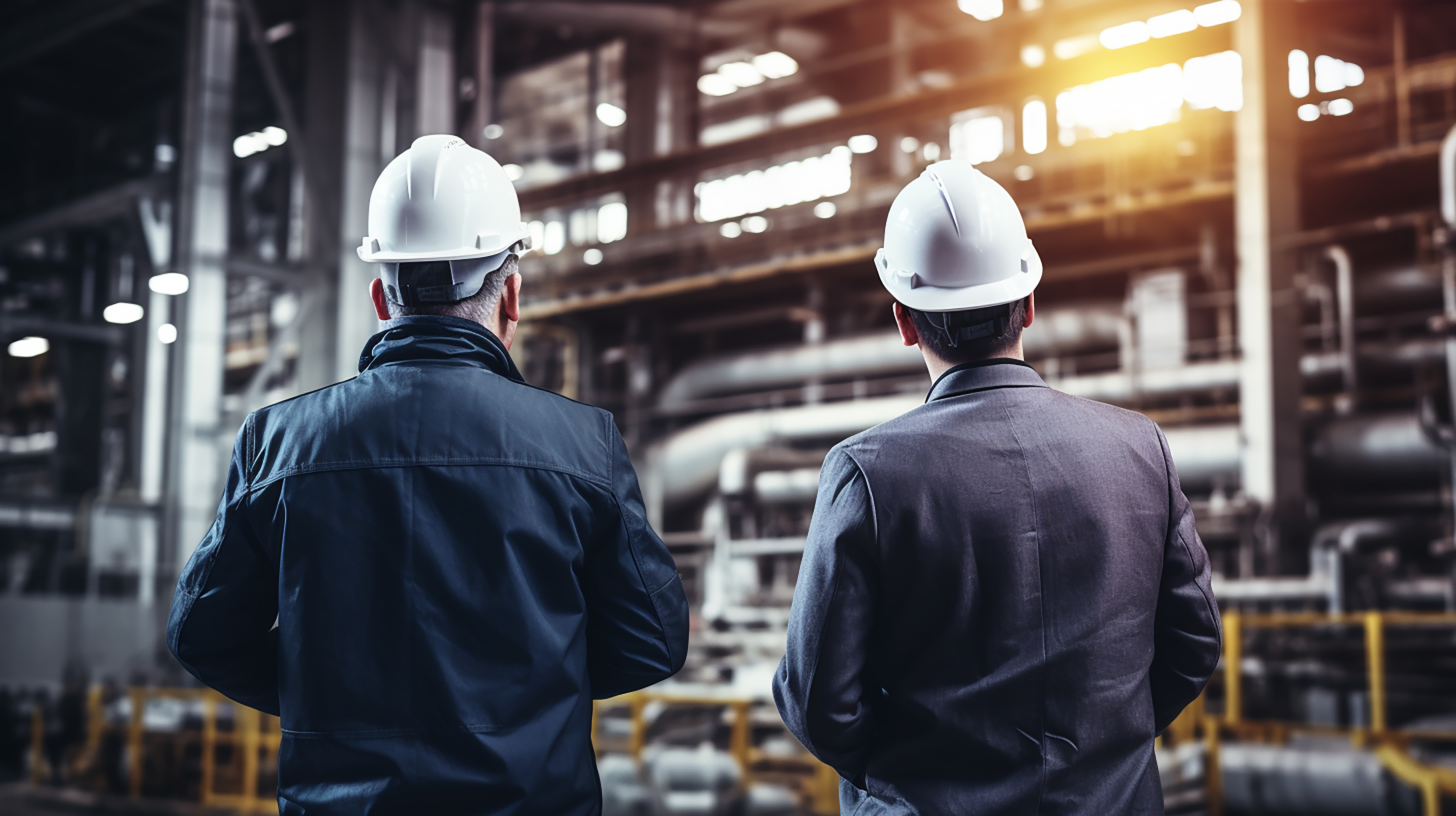 Technische Fachberatung vor Ort: Zwei Experten von Black Valley in Schutzkleidung analysieren eine industrielle Grossanlage zur Planung individueller Wärmetauscher-Lösungen.