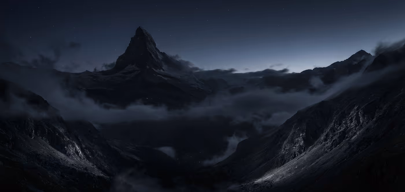Das Matterhorn bei Nacht als Symbol für Schweizer Präzision, Zuverlässigkeit und die geografischen Wurzeln von Black Valley im Engineering.