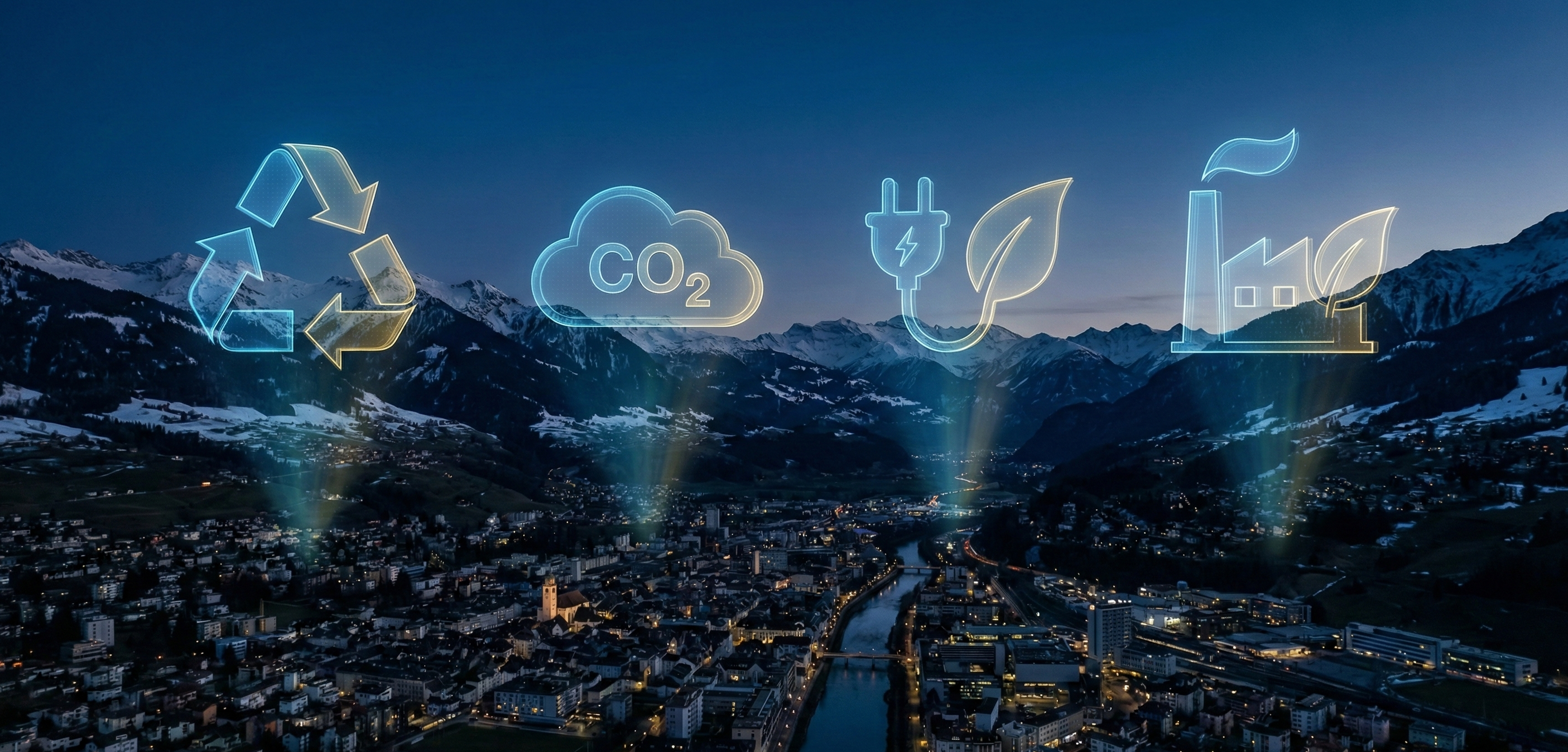 Symbole für ESG, CO2-Reduktion und grüne Energie über einer Schweizer Stadtlandschaft – die Vision von Black Valley für eine nachhaltige industrielle Zukunft.