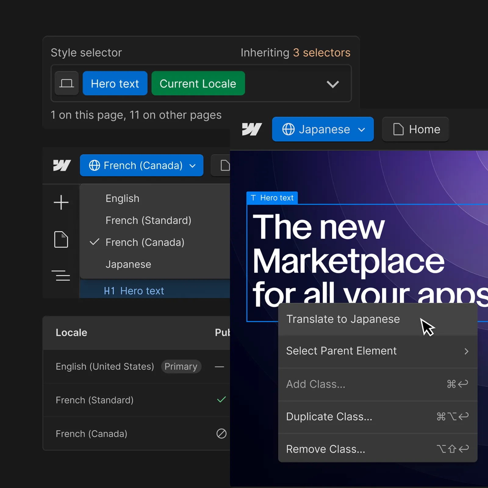 Mockup překladů stránek pro web vytvořený na platformě Webflow
