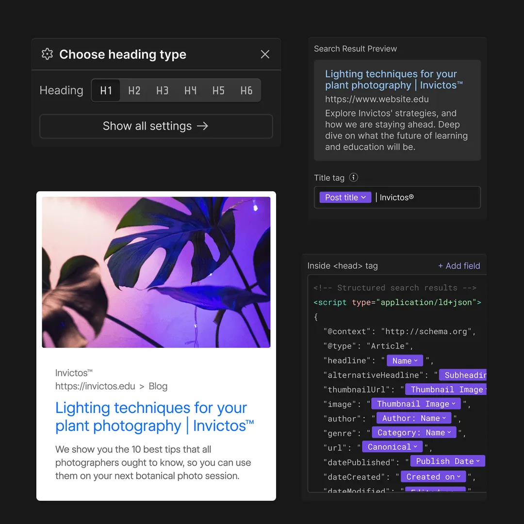Mockup nastavení SEO stránky pro web vytvořený na platformě Webflow
