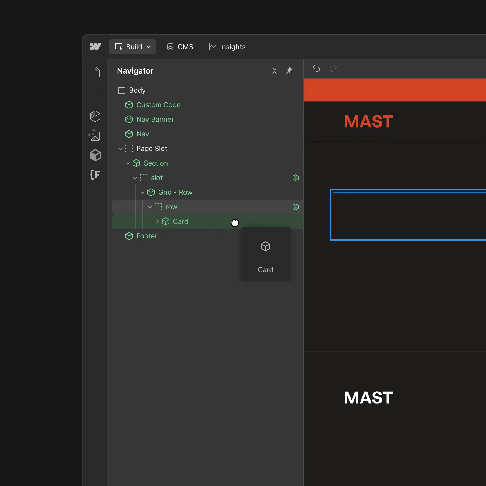 Mockup funkce Build Mode pro web vytvořený na platformě Webflow