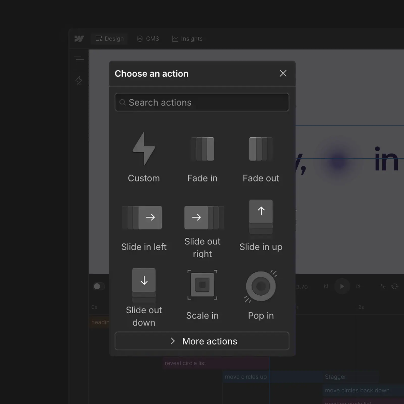 Mockup panelu pro nastavení animací pro web vytvořený na platformě Webflow