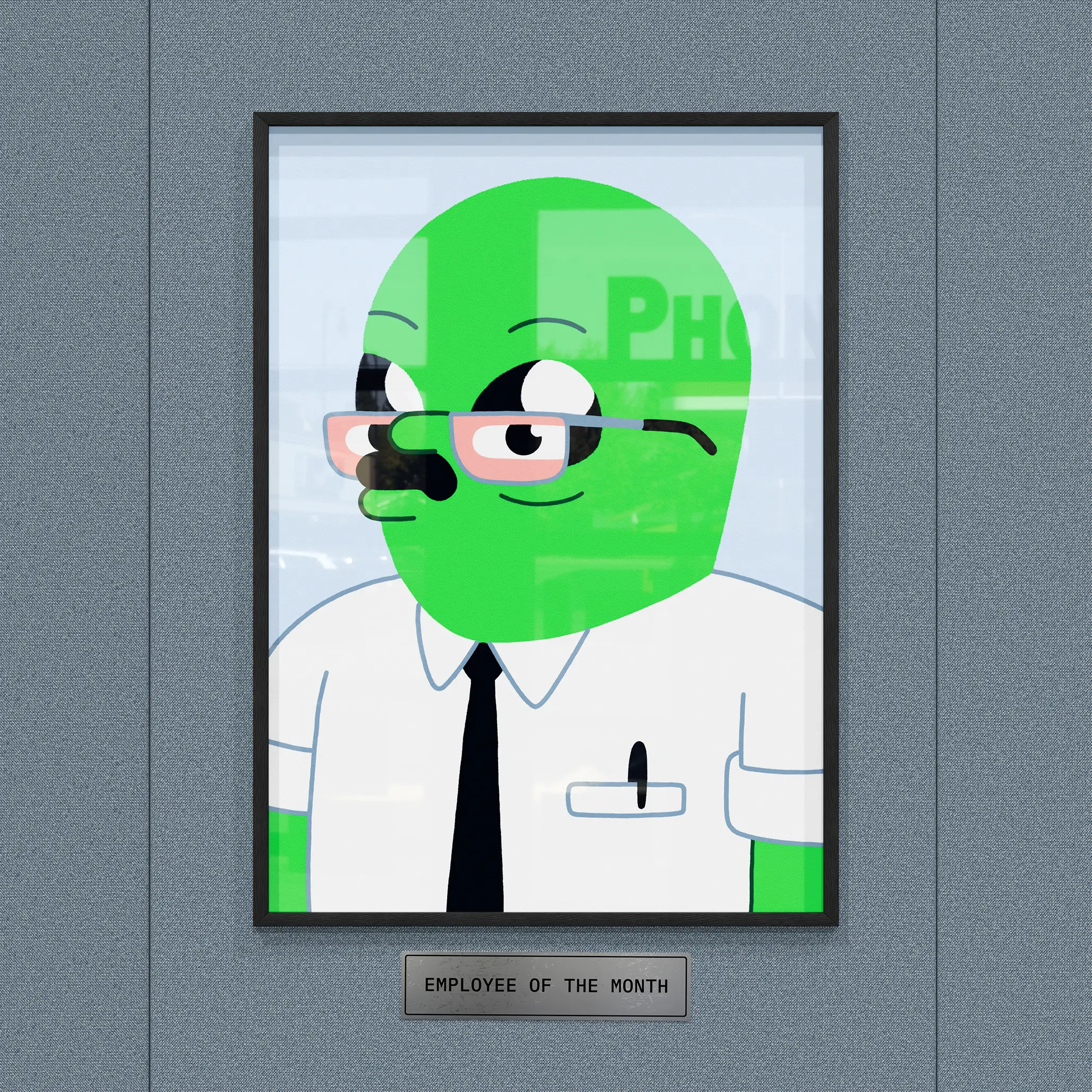 Just a completely normal employee of the month picture of a man wearing glasses, a white shirt, and black tie. Definitely not an alien!