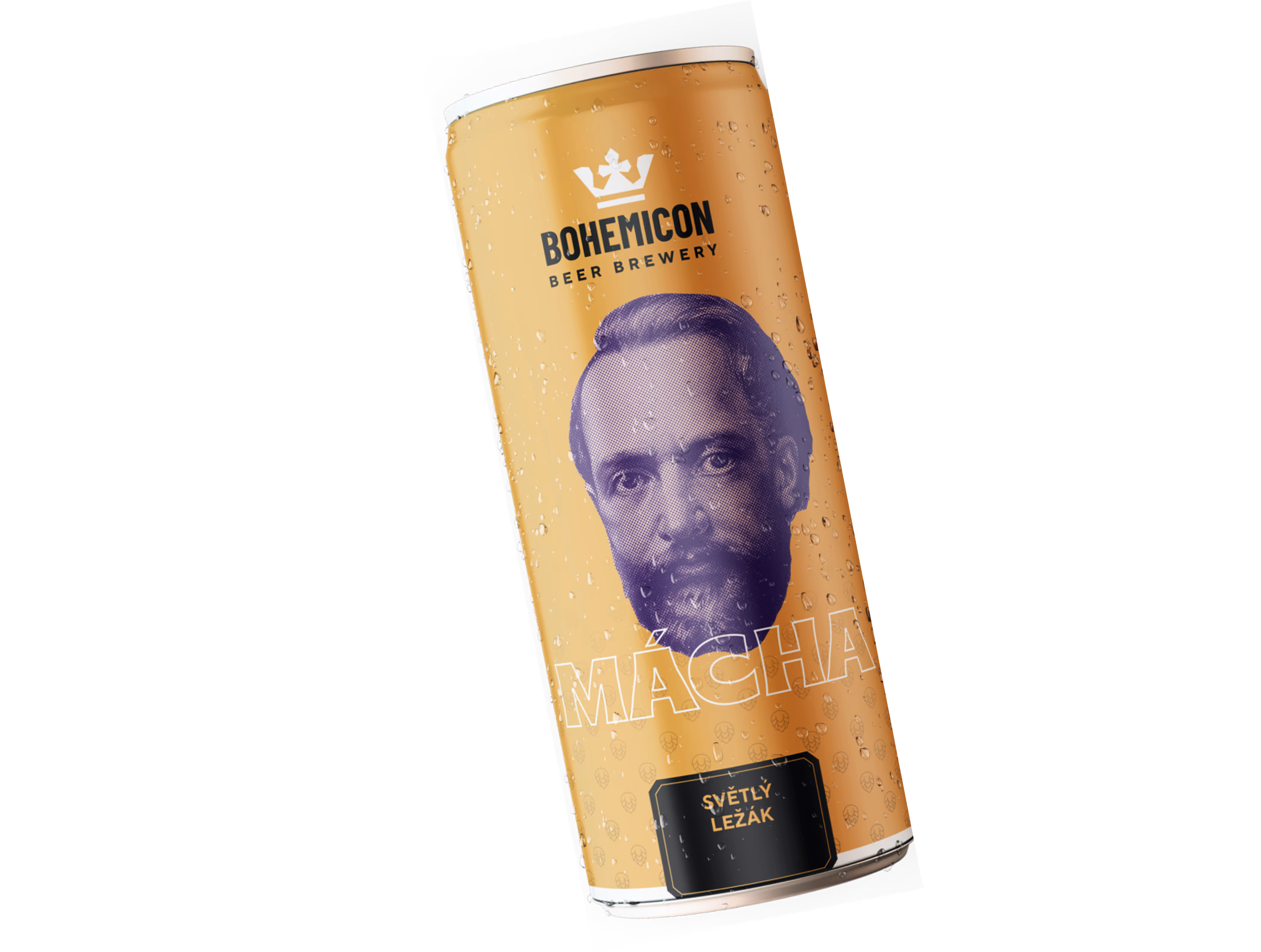 Bohemicon beer can with a bearded man's face and the label Mácha Světlý Ležák.