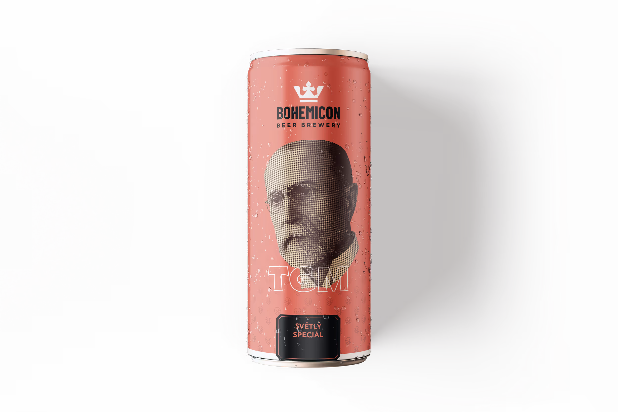 Red can of Bohemicon Beer Brewery with an image of a bearded man wearing glasses and the text 'TGM Světlý Speciál', covered in water droplets.