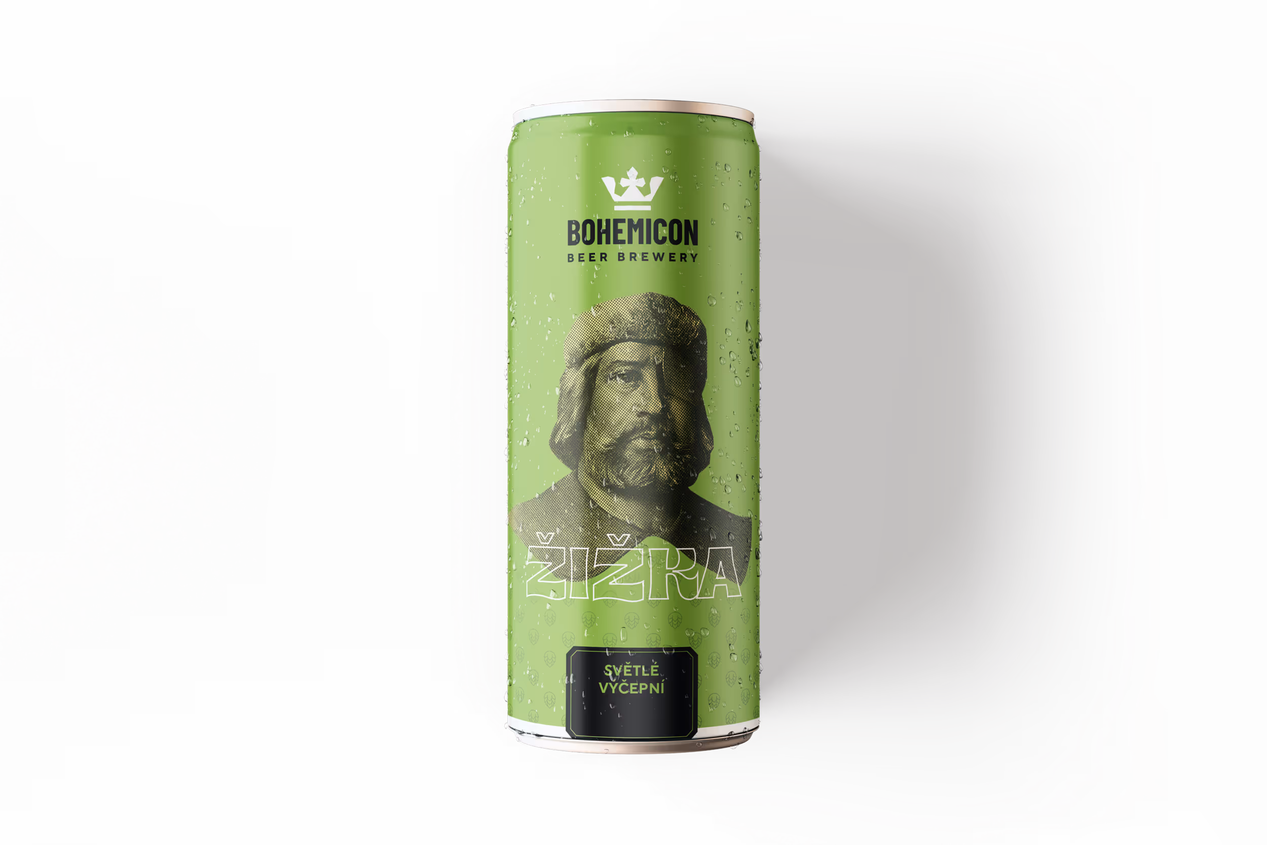 Green can of Bohemicon beer with a portrait of a bearded man wearing a hat, labeled Žižka and Světlé Výčepní.