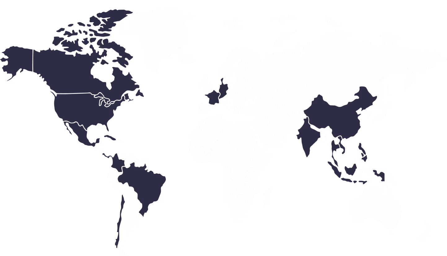 World map highlighting specific countries in dark blue across North America, South America, Europe, and Asia.