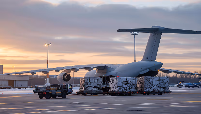 Cargo aircraft on airport tarmac with pallets of goods being towed at sunrise.