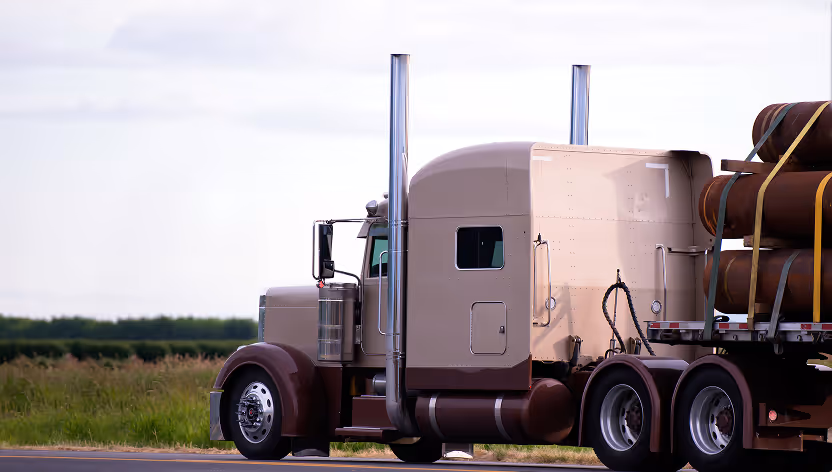Side view of a beige semi-truck with a brown trailer carrying large rolled materials secured with straps on a road next to grass.