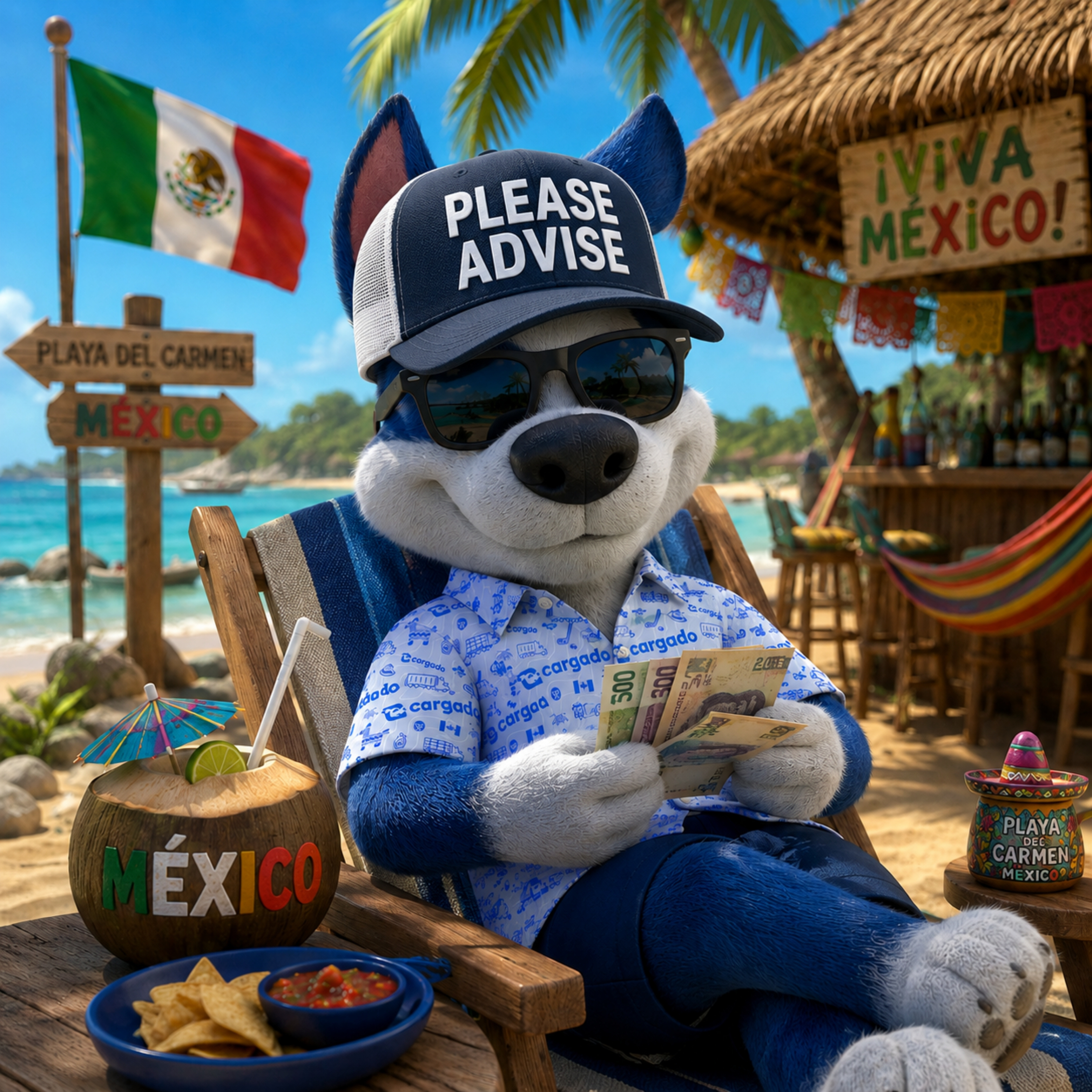 Cargado mascot Meatball relaxing on a Mexico beach with sunglasses and pesos, illustrating Mexico freight pricing and market-rate insights.