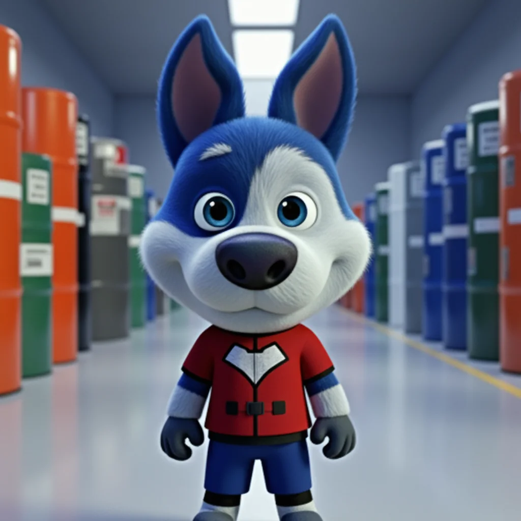 Cargado mascot Meatball in safety goggles next to sealed drums in a chemical warehouse