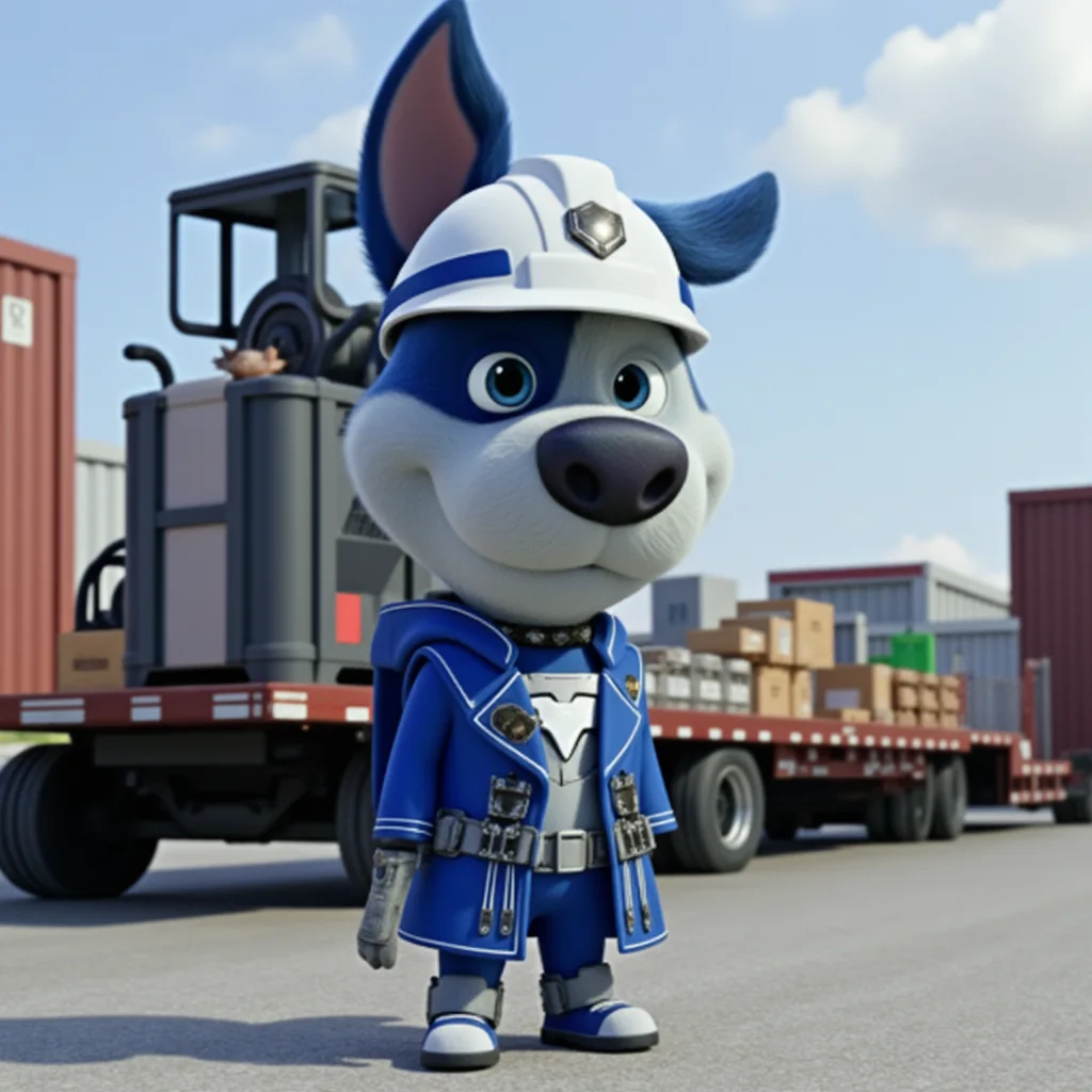 Cargado mascot Meatball in a hardhat beside industrial machinery on a flatbed