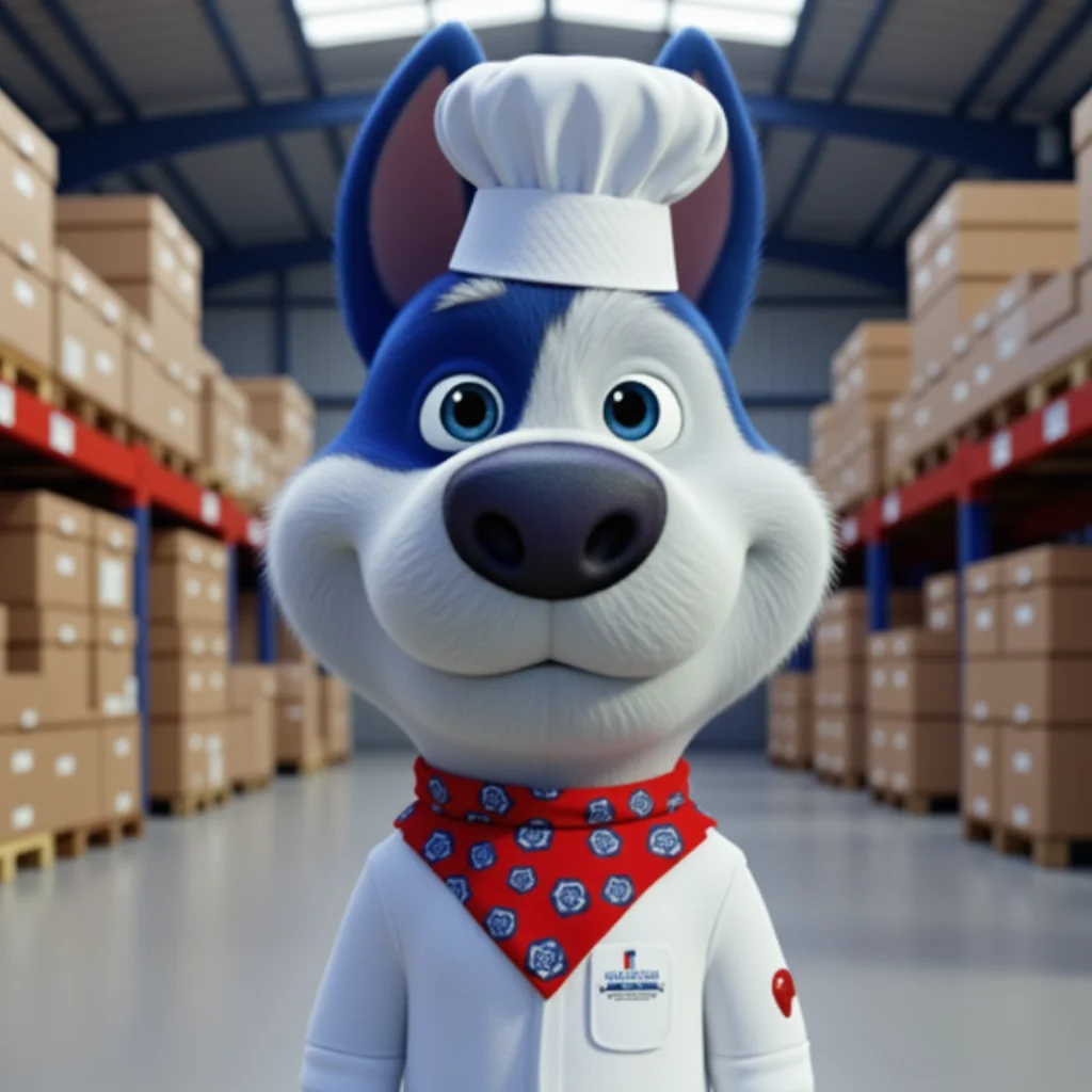 Cargado mascot Meatball in a chef hat with pallets of packaged food and beverages