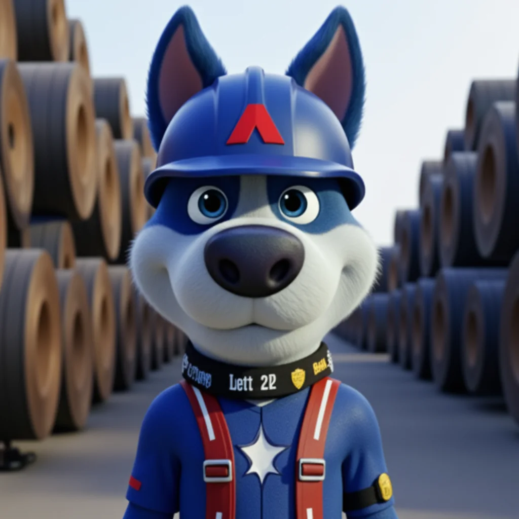 Cargado mascot Meatball in a hardhat next to steel coils in an industrial yard
