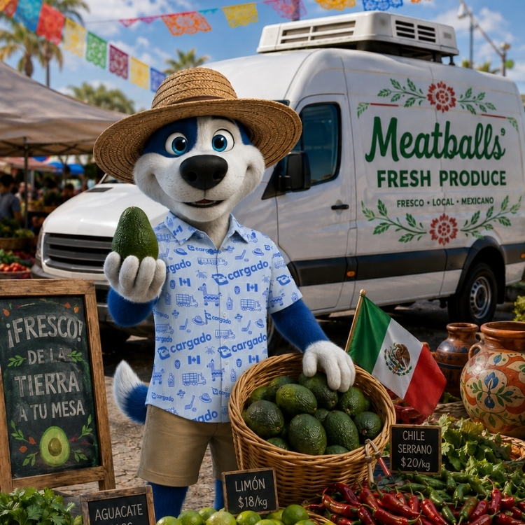 Cargado mascot Meatball at a Mexican produce market