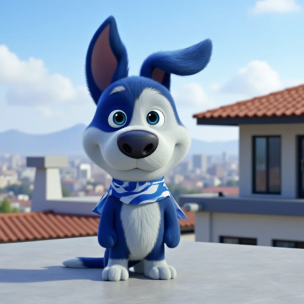Cargado mascot Meatball on a rooftop overlooking Monterrey and the Cerro de la Silla