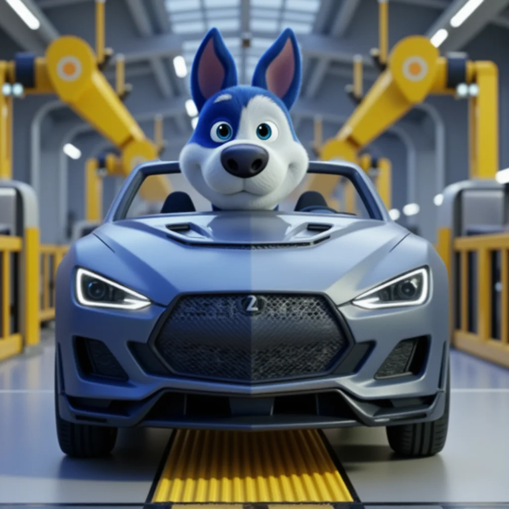 Cargado mascot Meatball sitting in an unpainted car moving down an automotive assembly line between robotic arms