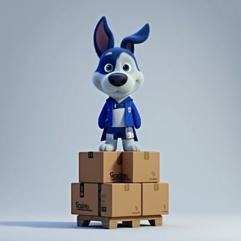 Cargado mascot Meatball balancing on an overloaded pallet of boxes
