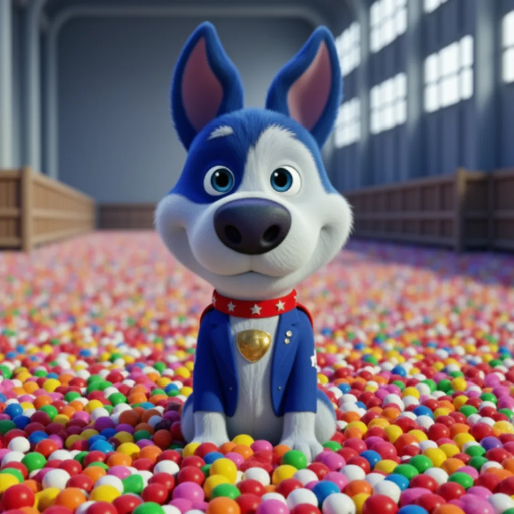 Meatball sitting guiltily in a mountain of candy