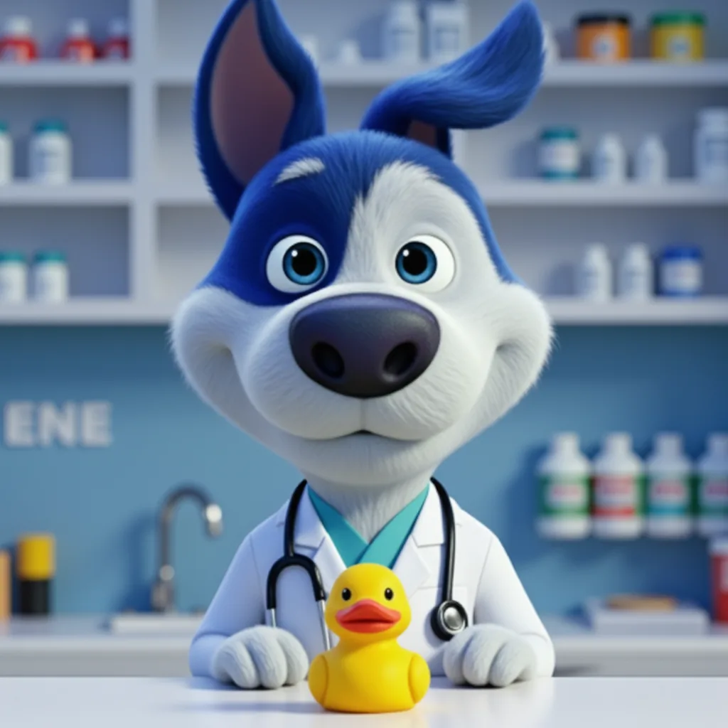 Cargado mascot Meatball as a veterinarian examining a rubber duck