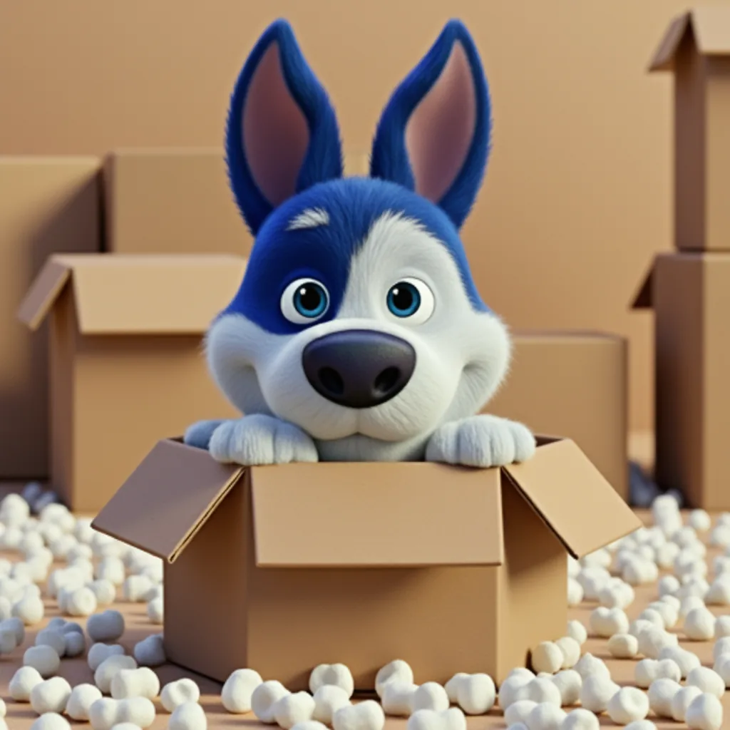 Meatball in a cardboard box fort wearing a paper crown