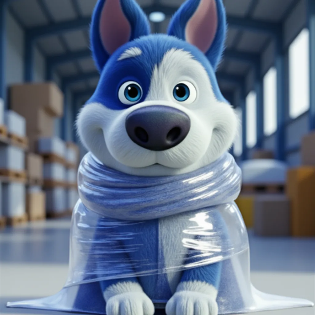 Cargado mascot Meatball wrapped in bubble wrap in a plastics warehouse