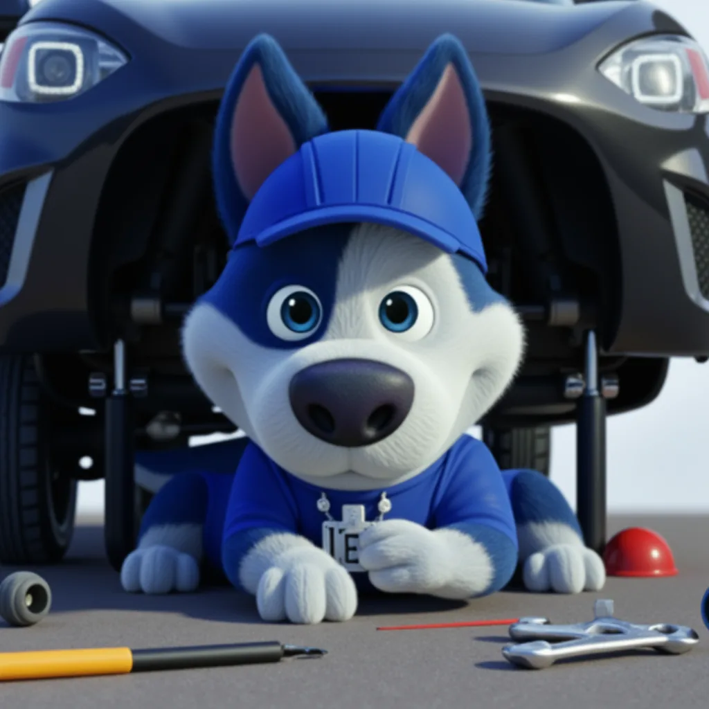 Meatball on a creeper dolly under a car with a giant wrench