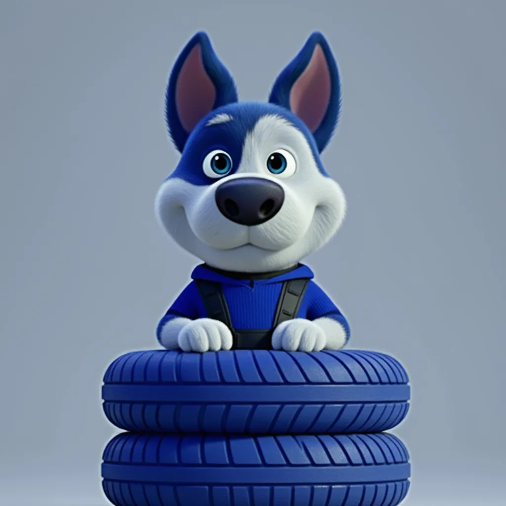 Cargado mascot Meatball in a stack of tires wearing one as a collar
