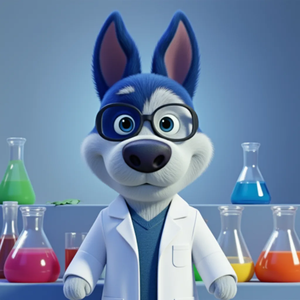 Meatball in a lab coat with bubbling beakers