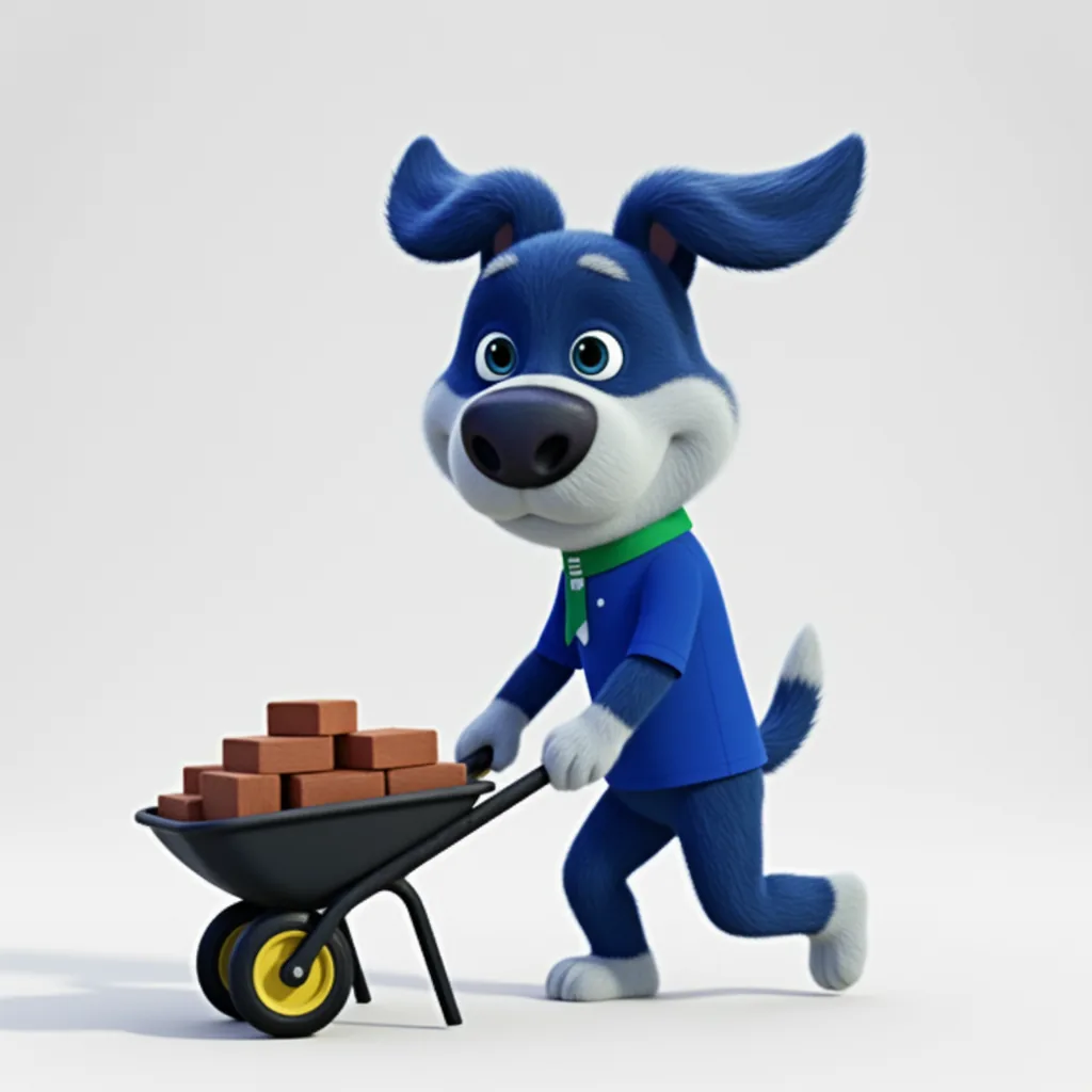Meatball pushing a wheelbarrow overloaded with bricks