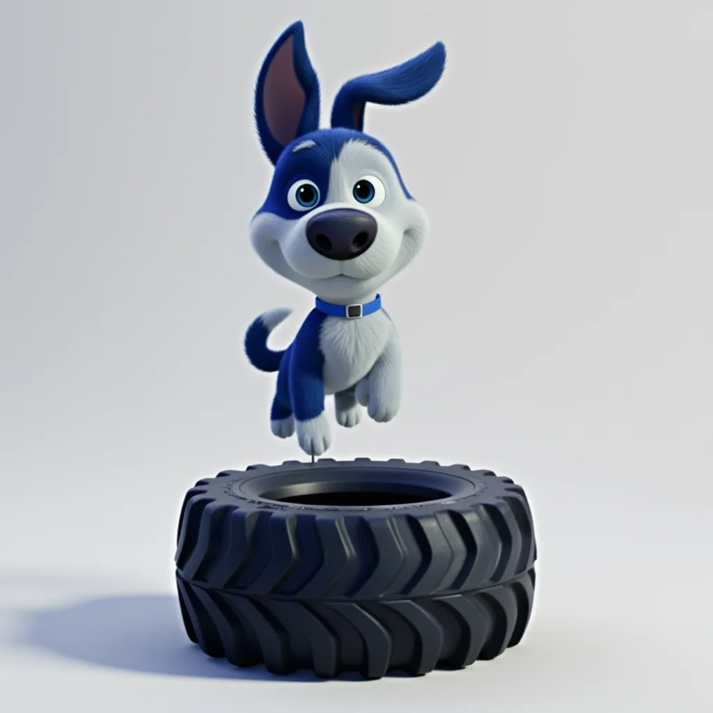 Meatball bouncing on a giant tractor tire