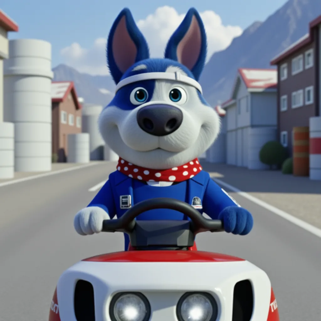 Meatball driving a forklift loaded with plastic film rolls