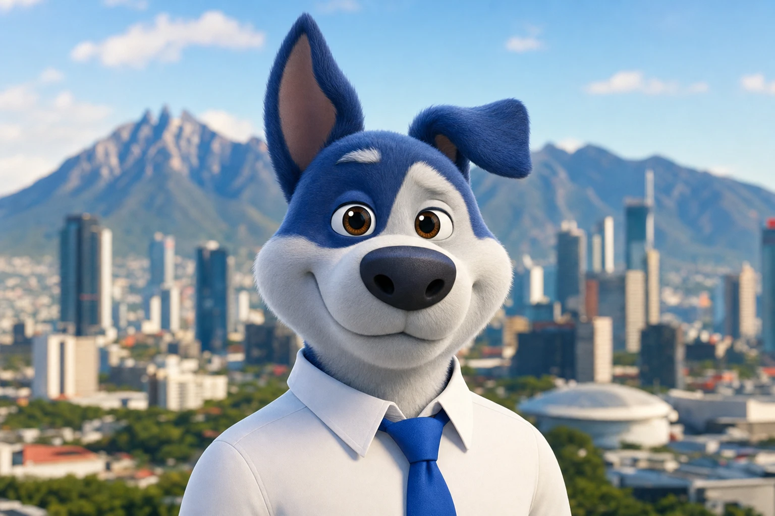 Meatball, la mascotte de Cargado, en chemise et cravate devant l'horizon de Monterrey et le Cerro de la Silla