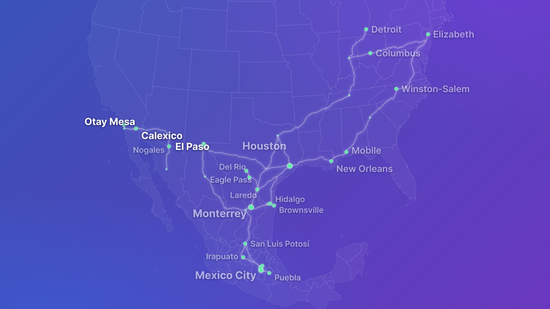 Mapa de la red transfronteriza de C.A.T. Global en Cargado: cruces fronterizos de Otay Mesa a Brownsville y los mercados que atiende en México y EE. UU.