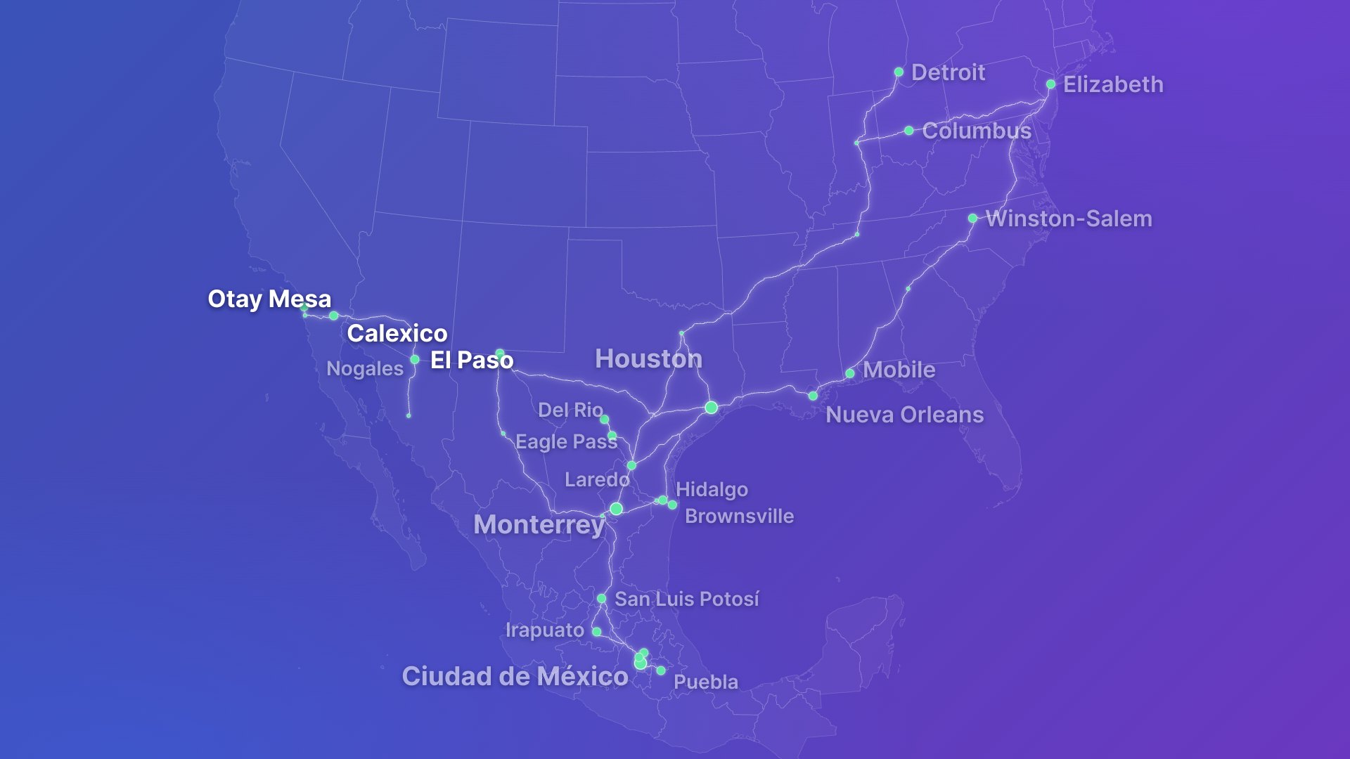 Mapa de la red transfronteriza de C.A.T. Global en Cargado: cruces fronterizos de Otay Mesa a Brownsville y los mercados que atiende en México y EE. UU.