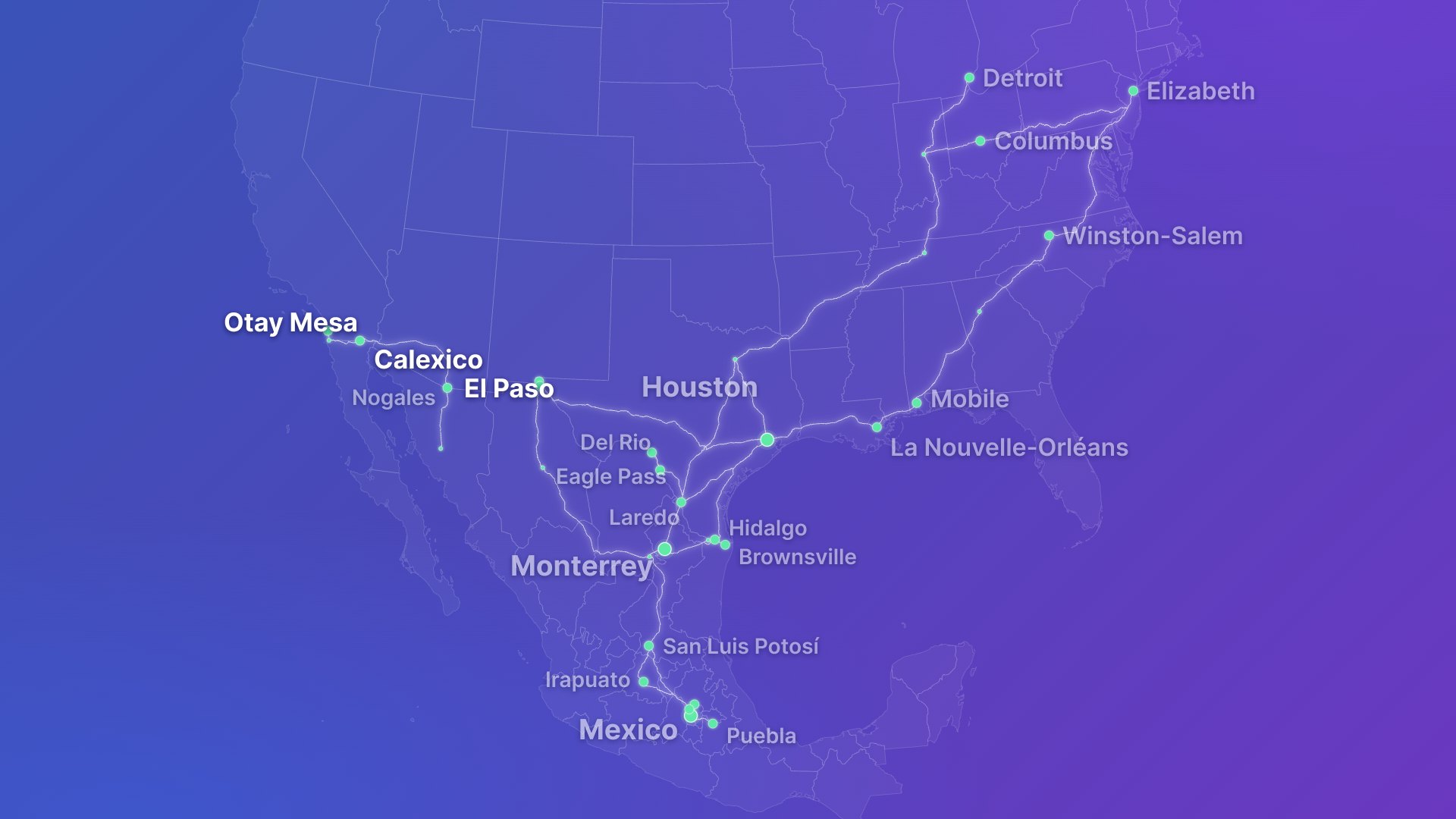 Carte du réseau transfrontalier de C.A.T. Global sur Cargado : passages frontaliers d’Otay Mesa à Brownsville et marchés desservis au Mexique et aux États-Unis