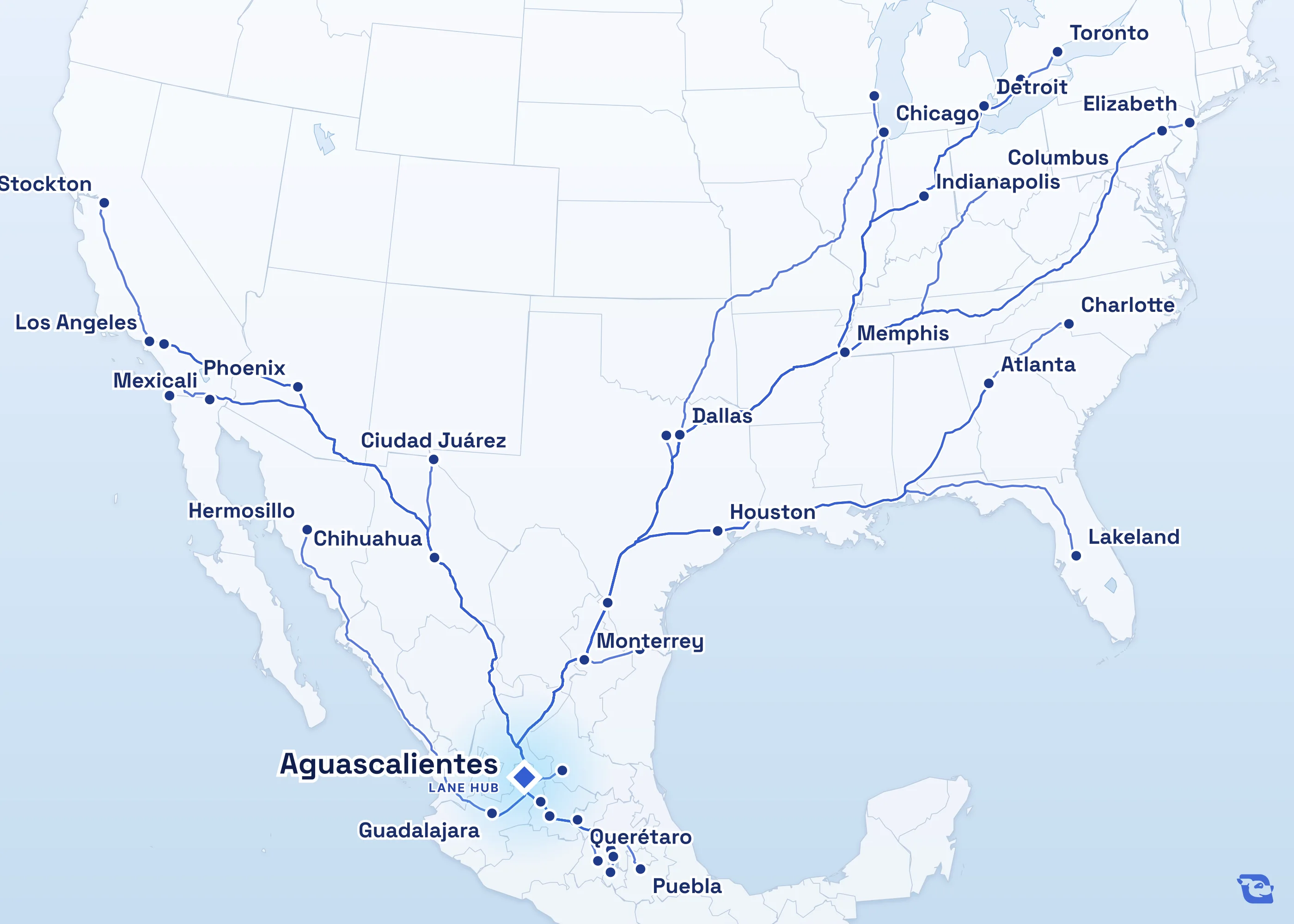 Map of road routes connecting Aguascalientes with 39 lane markets in Mexico, the U.S. and Canada, including Laredo, Monterrey, Toronto and Guadalajara. Lane guides are listed by direction in the directory.