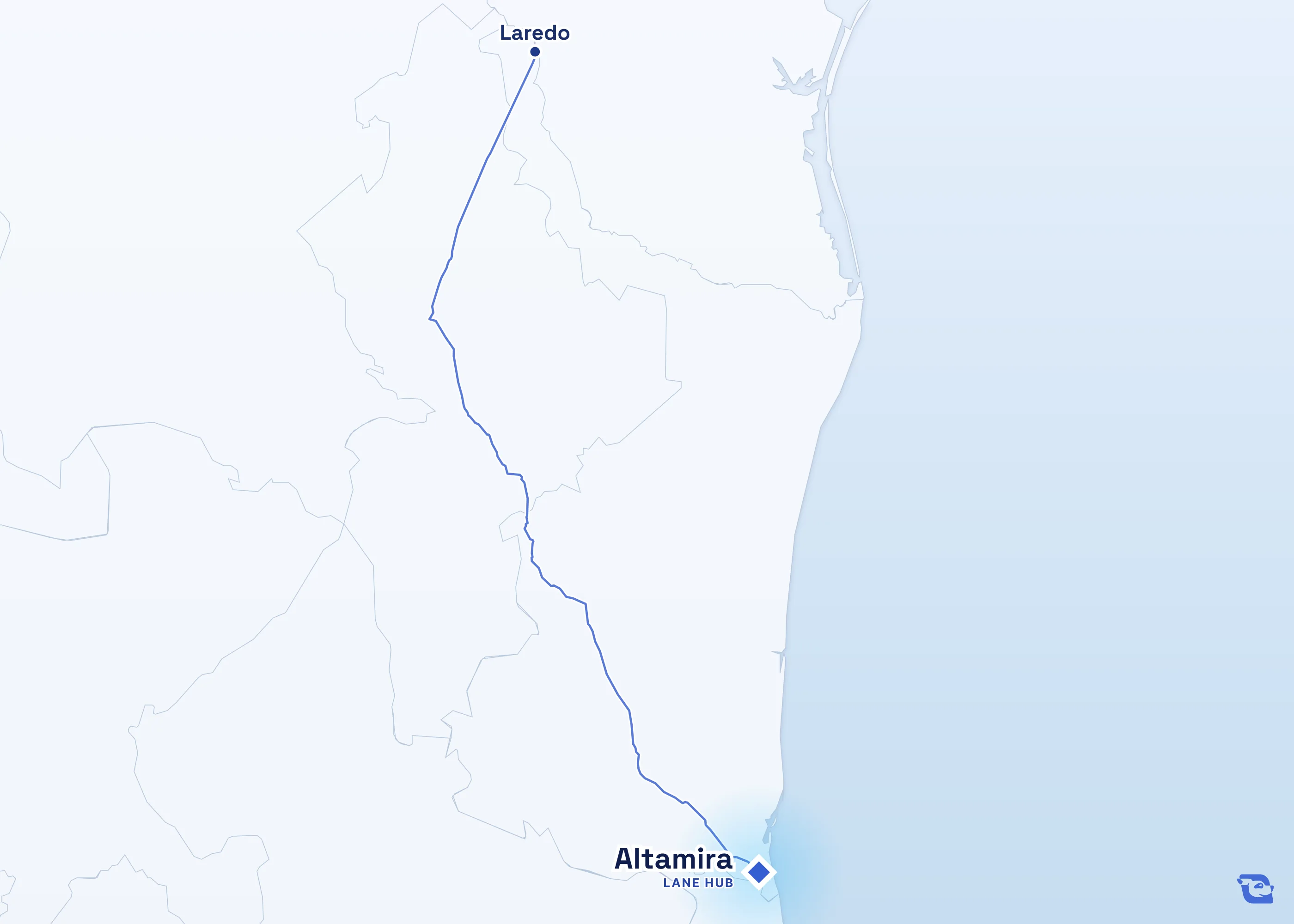 Map of road routes connecting Altamira with 1 lane market in the U.S., including Laredo. Lane guides are listed by direction in the directory.