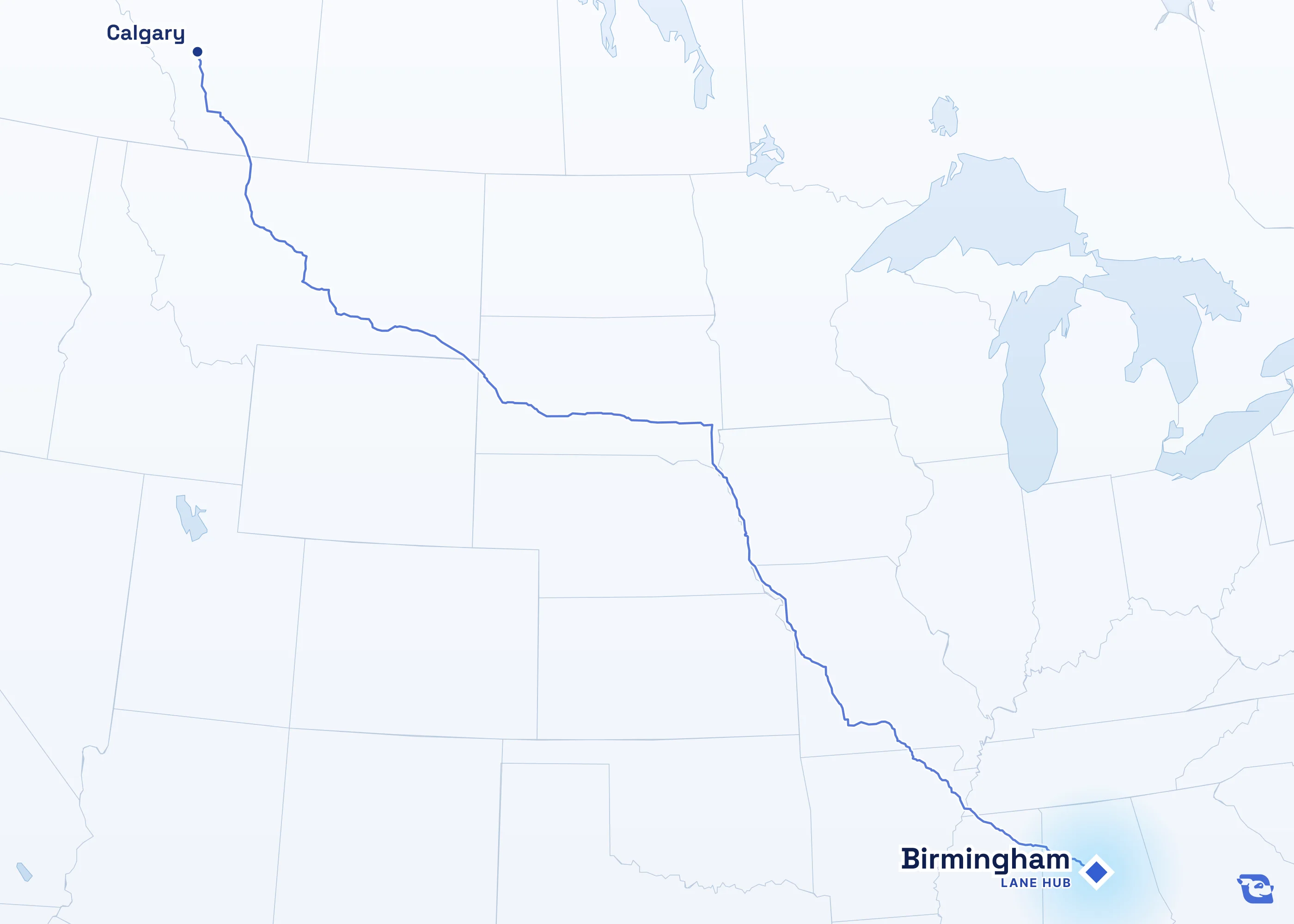 Map of road routes connecting Birmingham with 1 lane market in Canada, including Calgary. Lane guides are listed by direction in the directory.