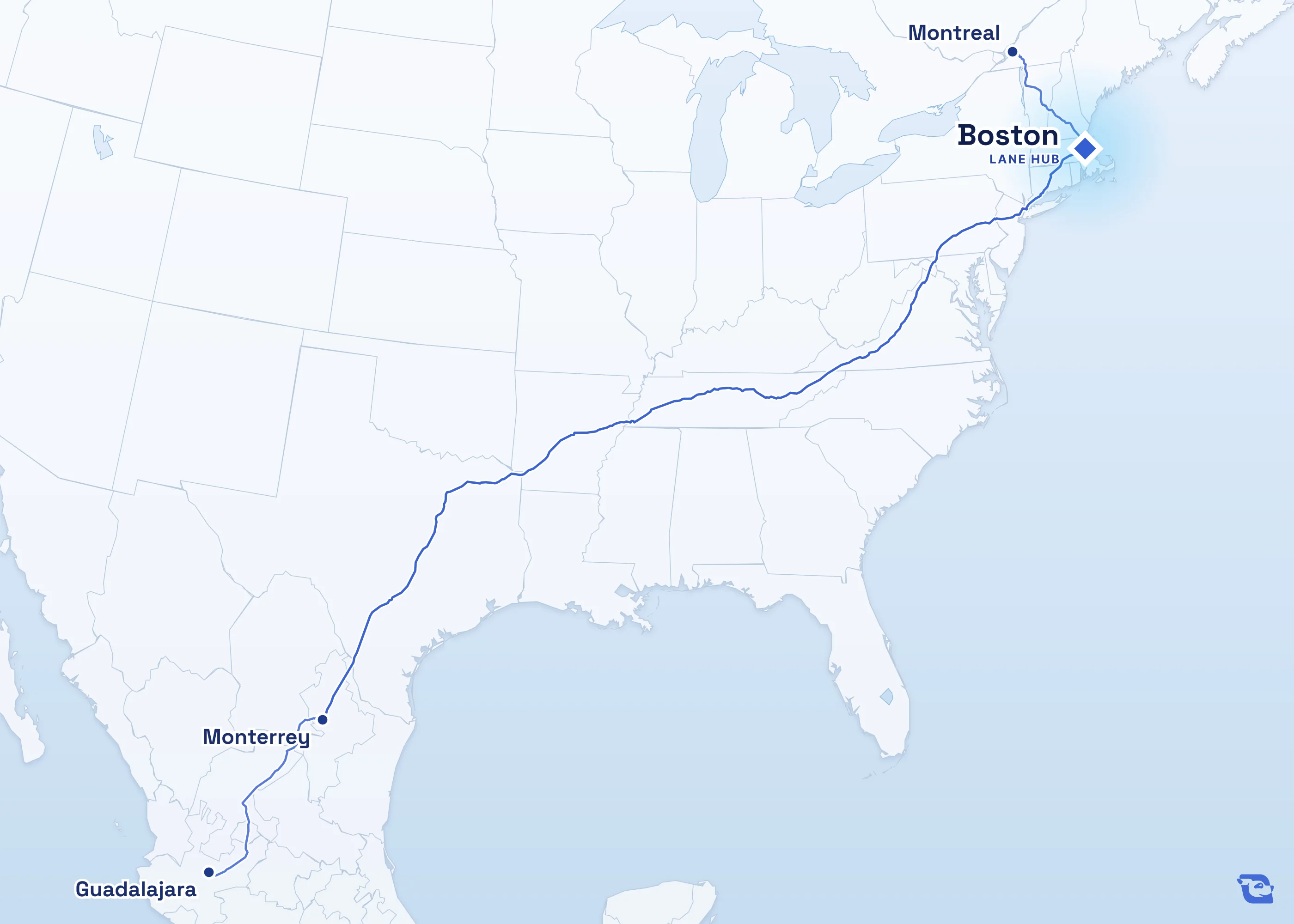 Map of road routes connecting Boston with 3 lane markets in Mexico and Canada, including Monterrey, Guadalajara and Montreal. Lane guides are listed by direction in the directory.