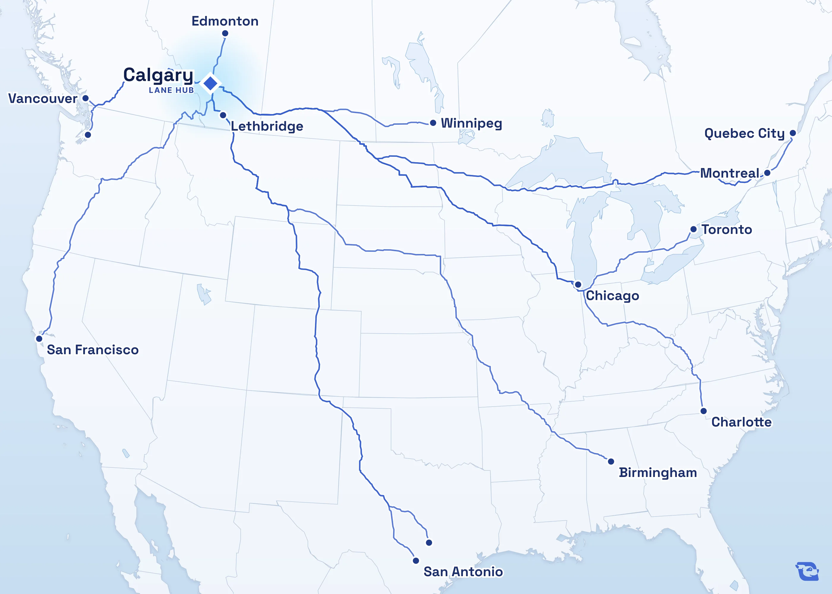 Map of road routes connecting Calgary with 14 lane markets in the U.S. and Canada, including Toronto, Montreal, Vancouver and Chicago. Lane guides are listed by direction in the directory.