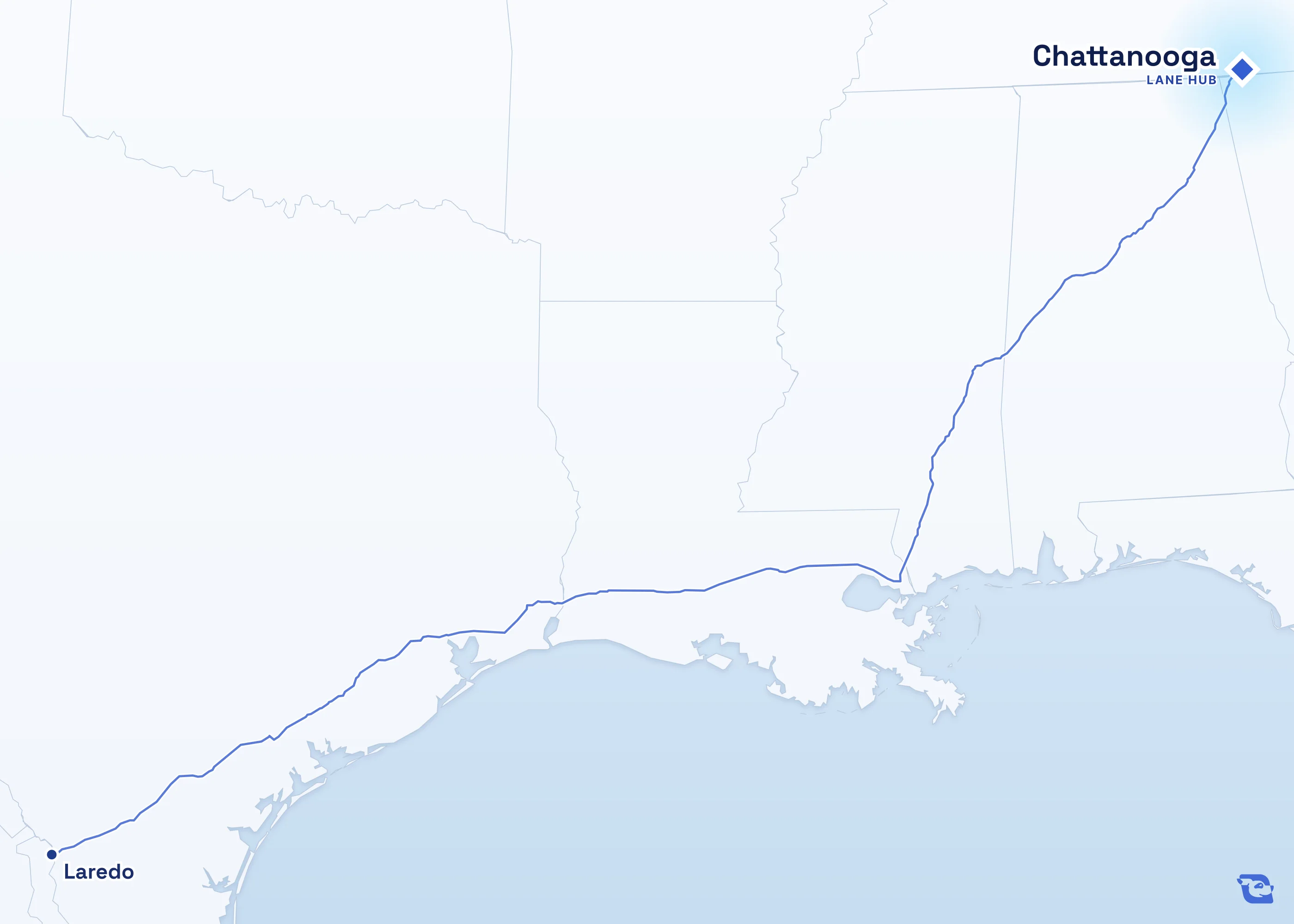 Map of road routes connecting Chattanooga with 1 lane market in the U.S., including Laredo. Lane guides are listed by direction in the directory.